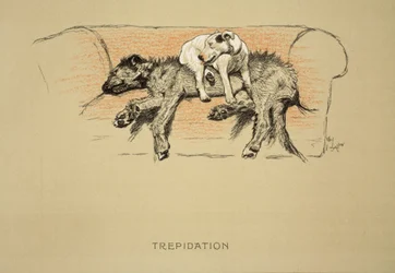 Trepidation, 1930, första upplagan av "Sleeping Partners", Aldin, Cecil Charles Windsor (1870-1935), utgiven av Eyre and Spottiswoode Limited, krita och kol på papper.